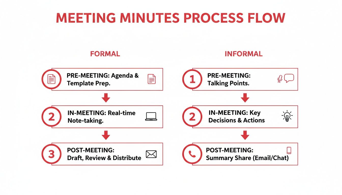 Flowchart comparing formal and informal meeting minutes processes, including pre-meeting, in-meeting, and post-meeting stages.