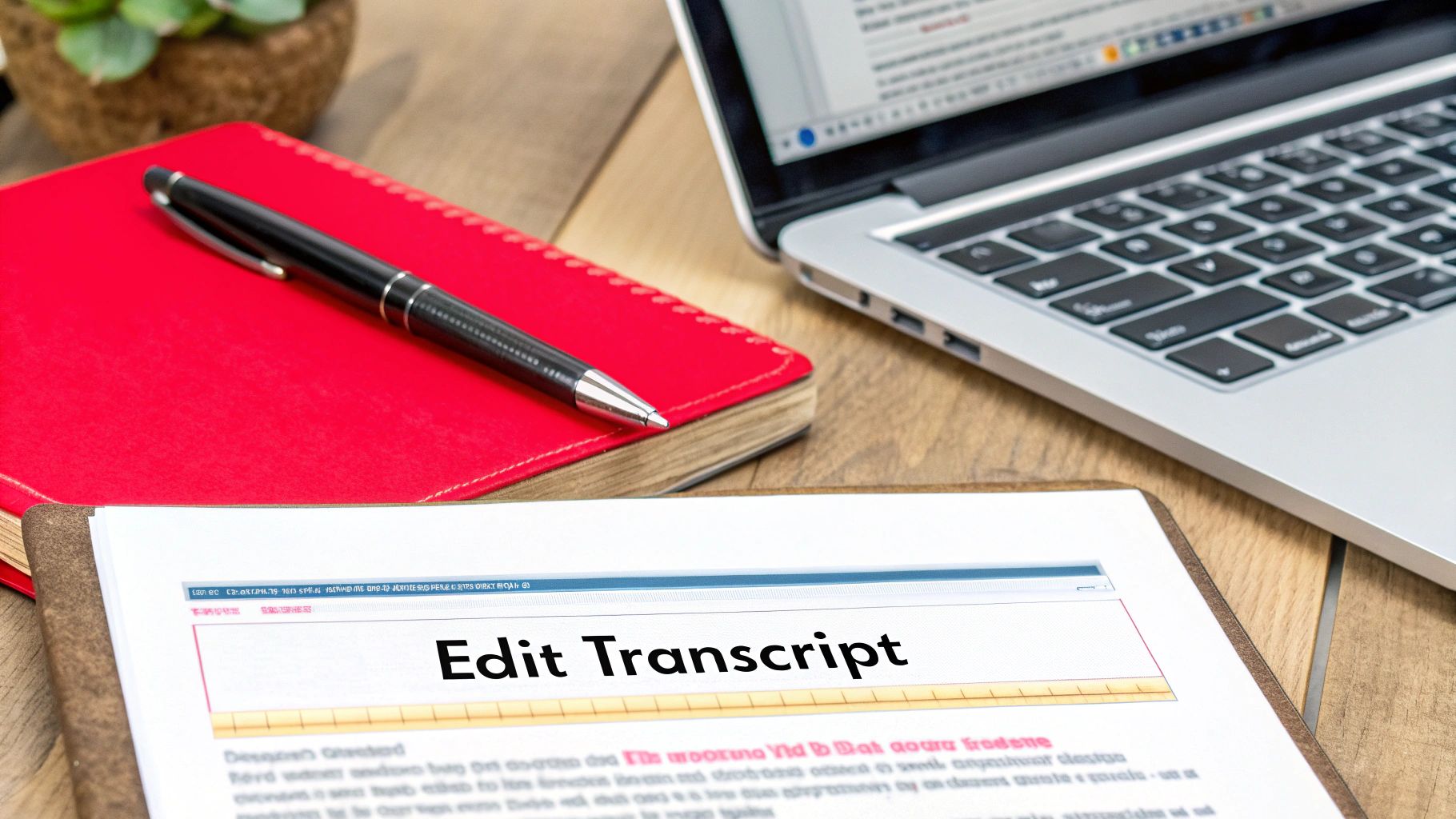 A desk with a red notebook, black pen, laptop, and a document displaying 'Edit Transcript'.