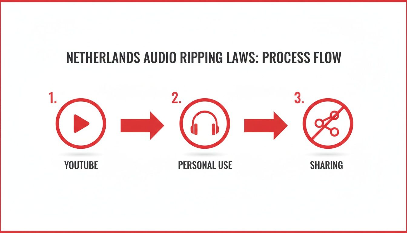 Diagram illustrating Netherlands audio ripping laws from Youtube for personal use, prohibiting sharing.