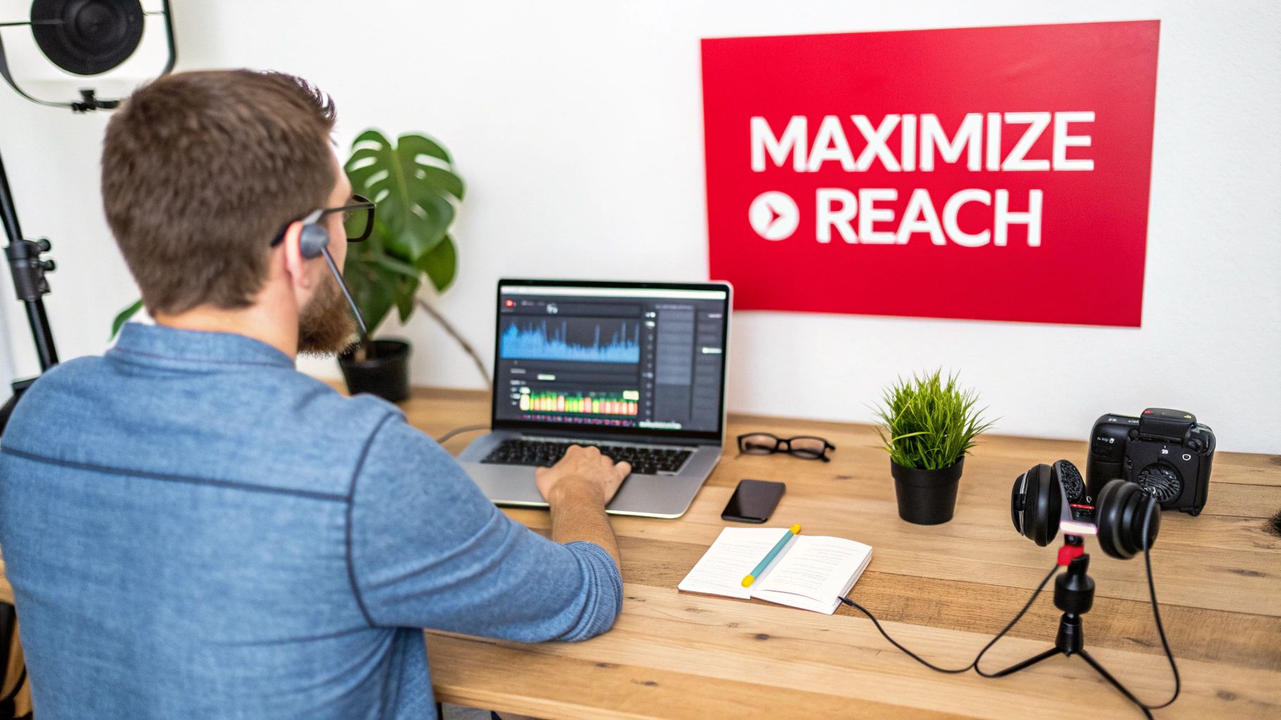 Content creator editing video with audio waveforms on laptop to maximize reach and engagement