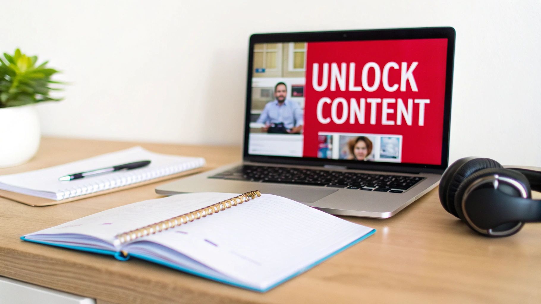 A modern workspace with a laptop showing 'UNLOCK CONTENT' video, notebooks, pen, headphones, and a plant.