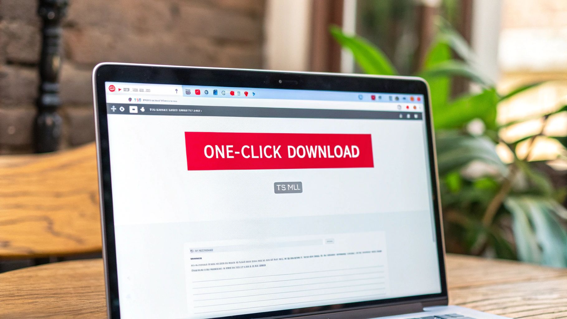 A laptop screen displaying a webpage with a prominent red 'ONE-CLICK DOWNLOAD' banner.