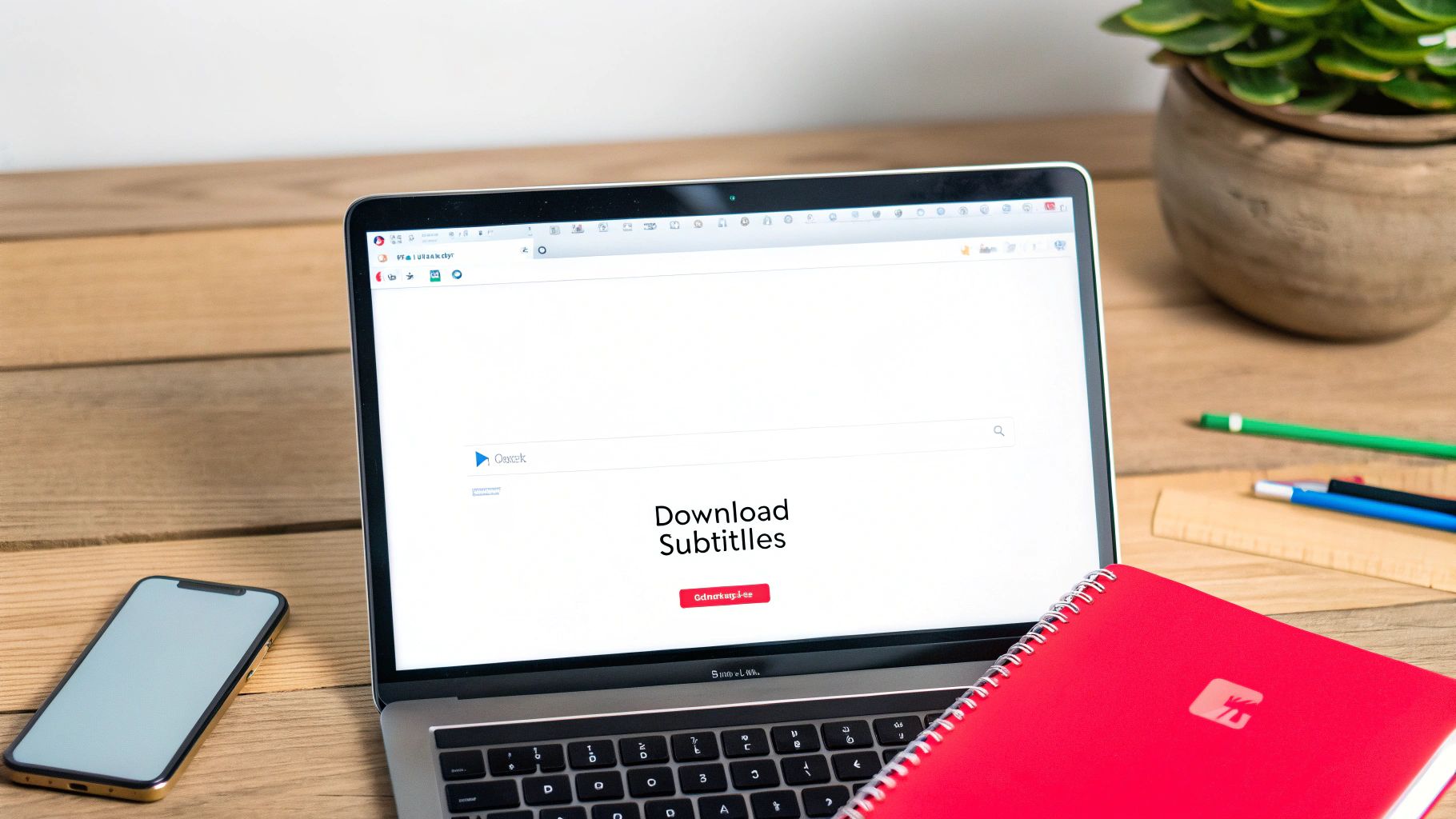 A laptop displaying a webpage to download subtitles, with a phone and notebook on a wooden desk.
