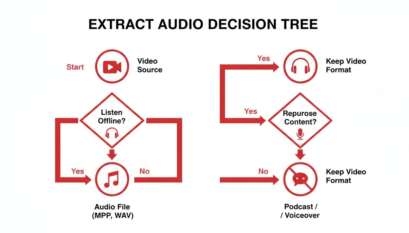 Decision tree flowchart showing steps to extract audio from video, including options for offline listening and content repurposing.