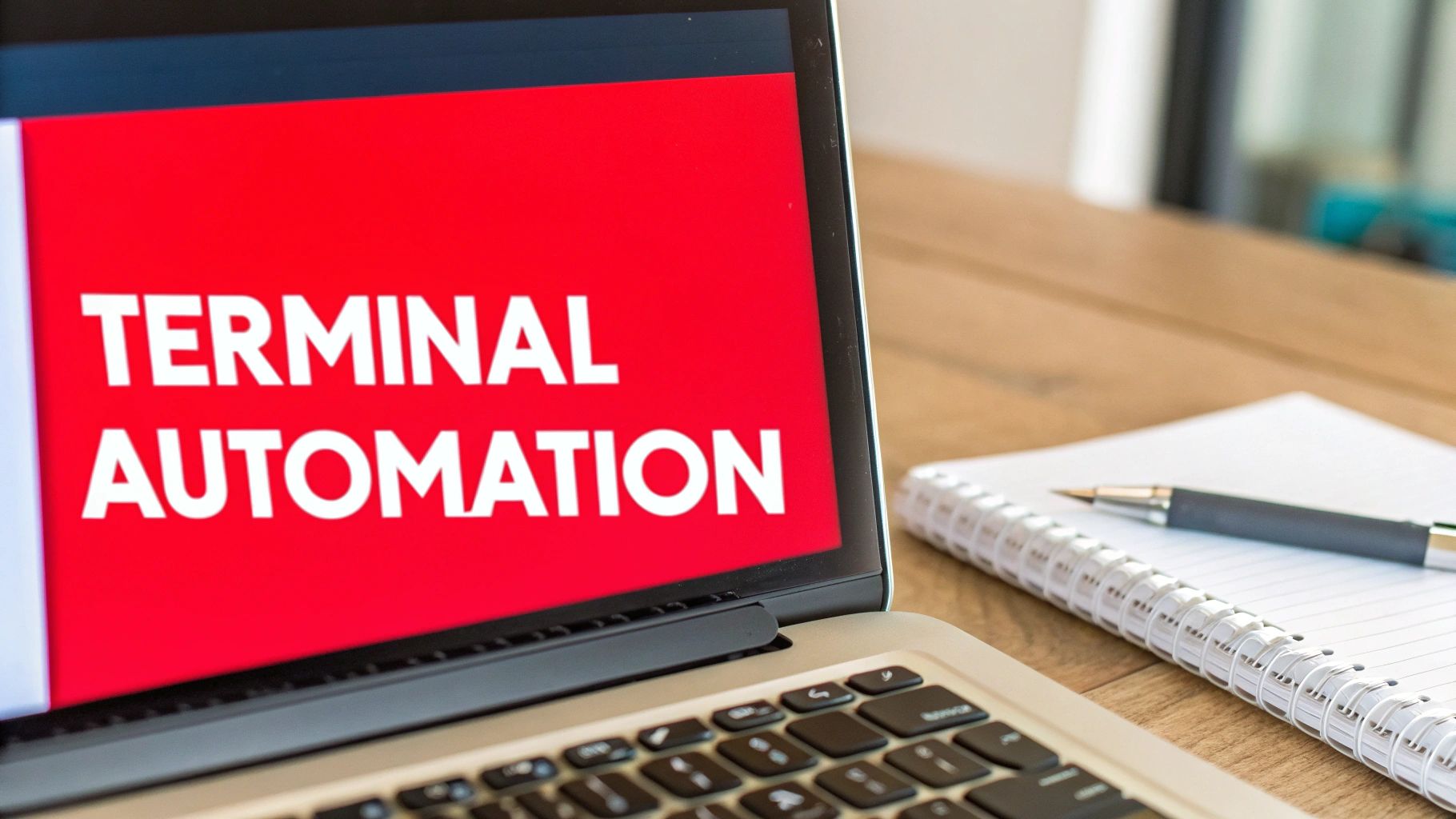 A laptop screen displays 'TERMINAL AUTOMATION' text, with a notebook and pen on a wooden desk.