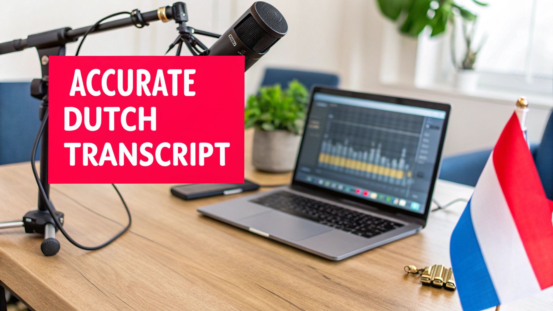 A desk setup with a microphone, laptop showing audio, a smartphone, and a Dutch flag, promoting accurate Dutch transcription.