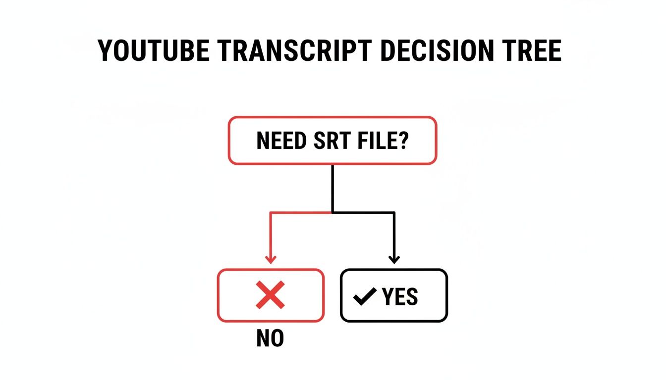 A Youtube transcript decision tree flow chart asking 'Need SRT File?' with 'No' and 'Yes' paths.
