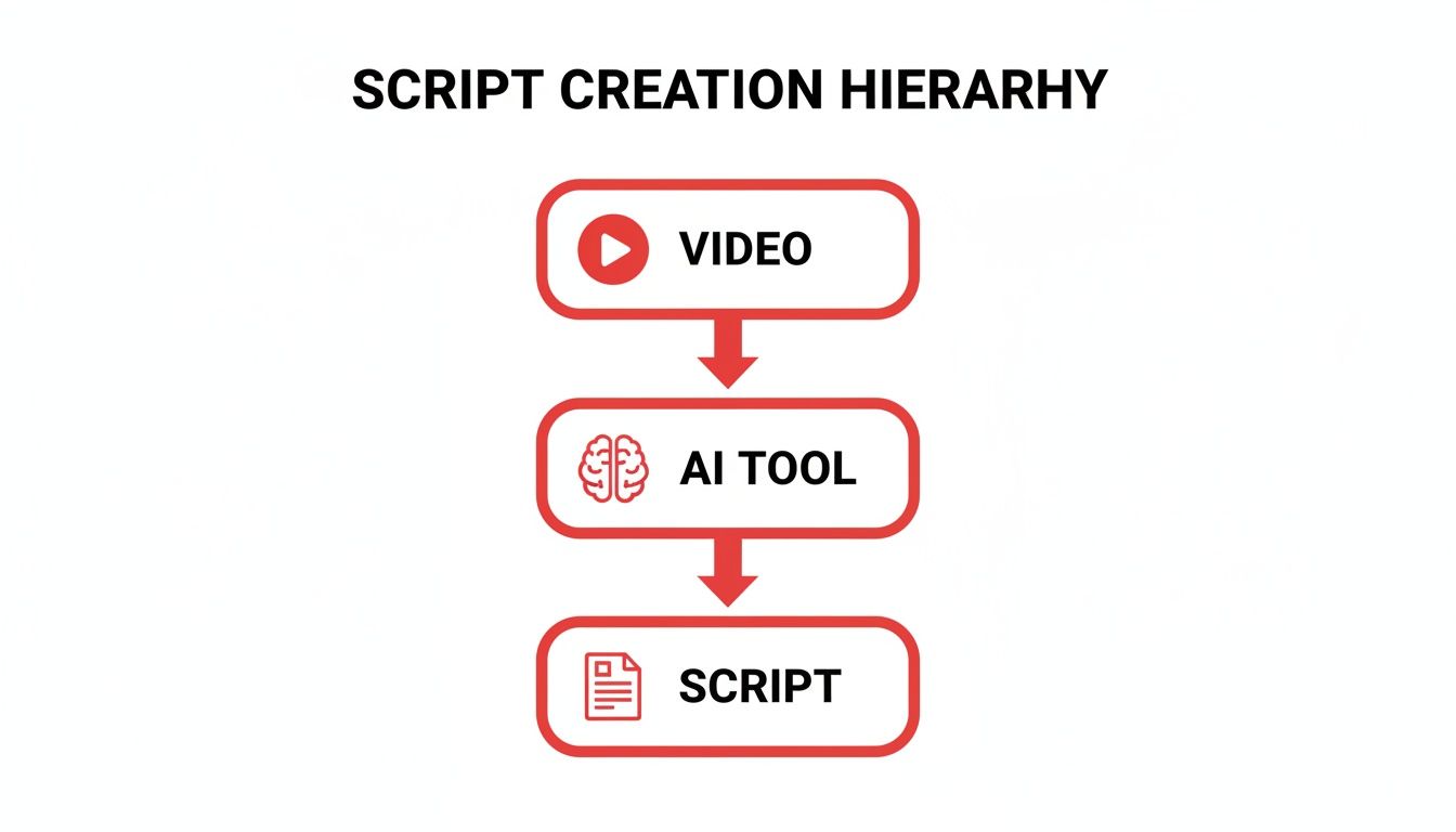 A diagram shows the script creation hierarchy: Video input, AI tool processing, and resulting script output.
