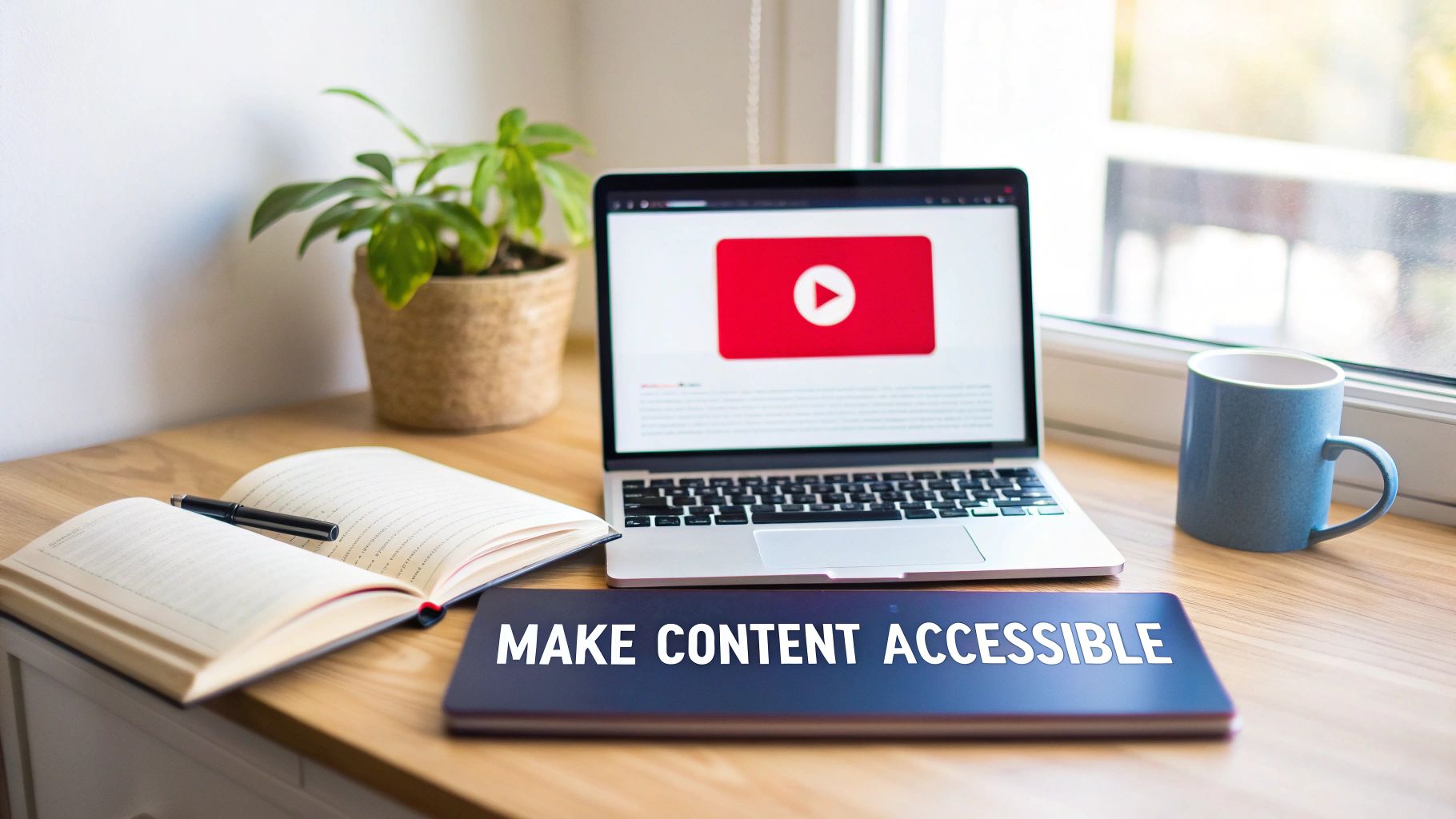 A laptop displaying a Youtube video, an open notebook, and a sign 'MAKE CONTENT ACCESSIBLE' on a wooden desk.