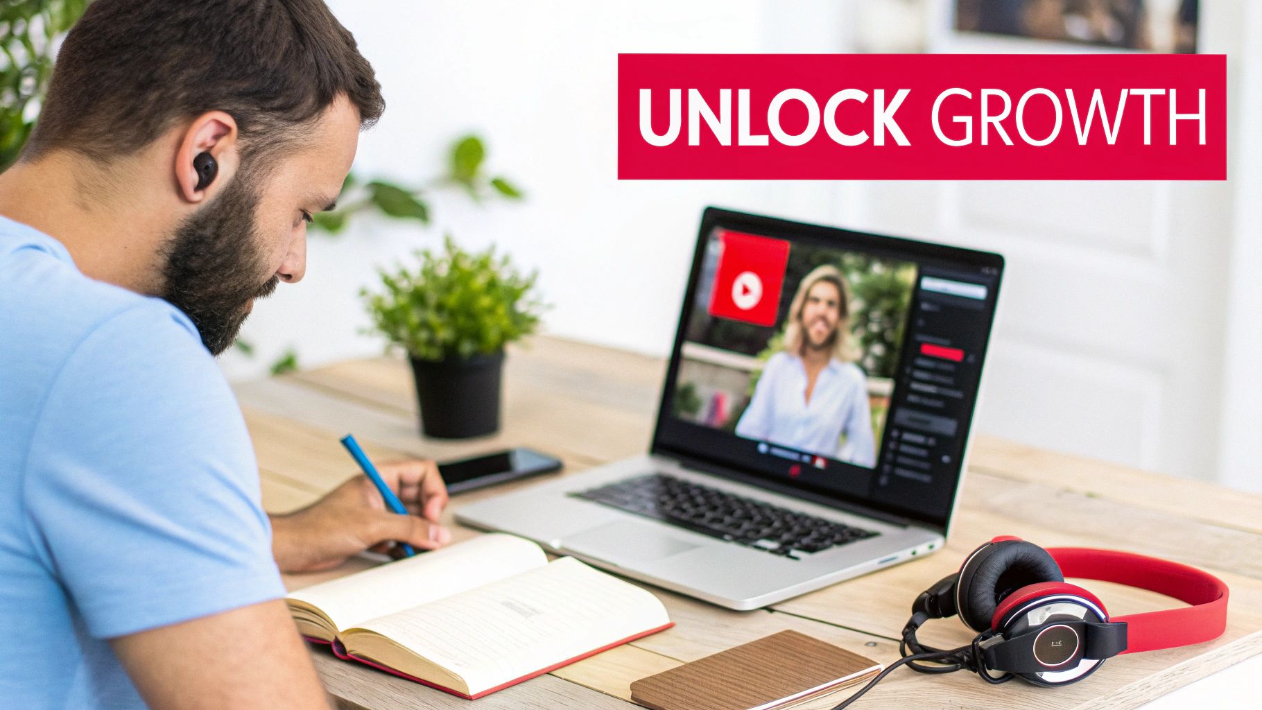 Man with a beard writing in a notebook, attending an online webinar on his laptop, focusing on growth.