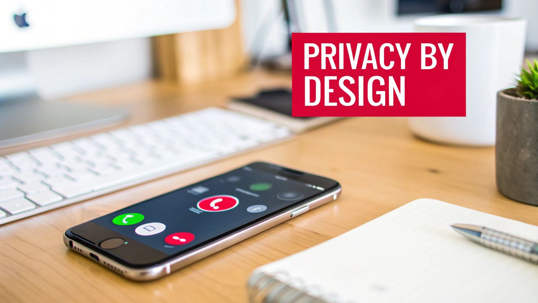 An iPhone on a wooden desk displays an incoming call screen, with 'PRIVACY BY DESIGN' text overlay.