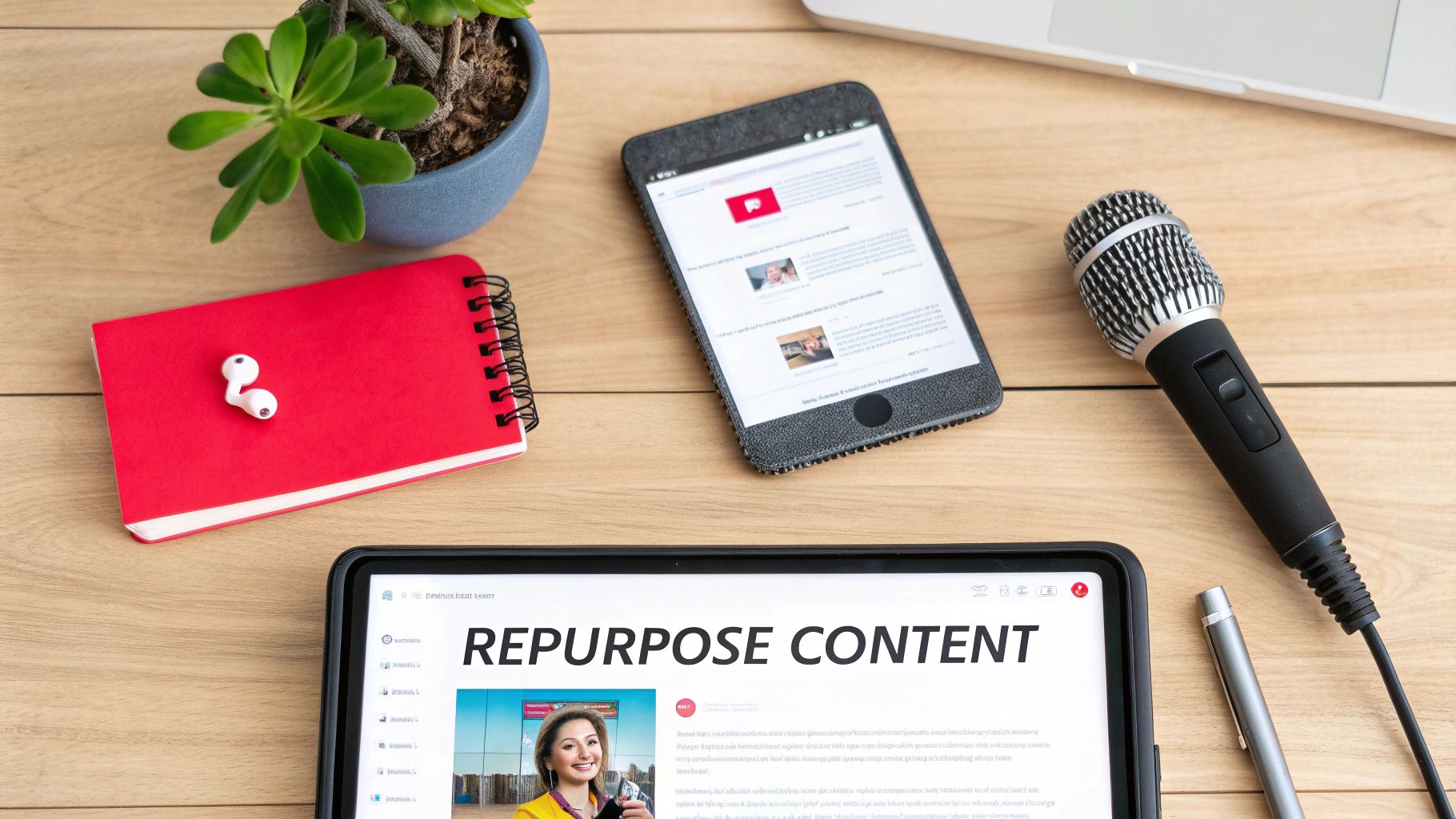 A top-down view of a content creator's desk with a tablet showing 'REPURPOSE CONTENT', a microphone, and various devices.