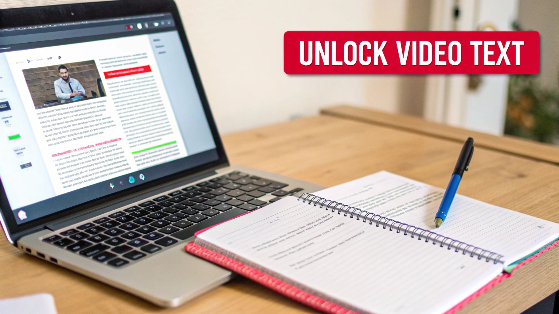 A workspace with a laptop displaying video content, a notebook, pen, and "UNLOCK VIDEO TEXT" banner.