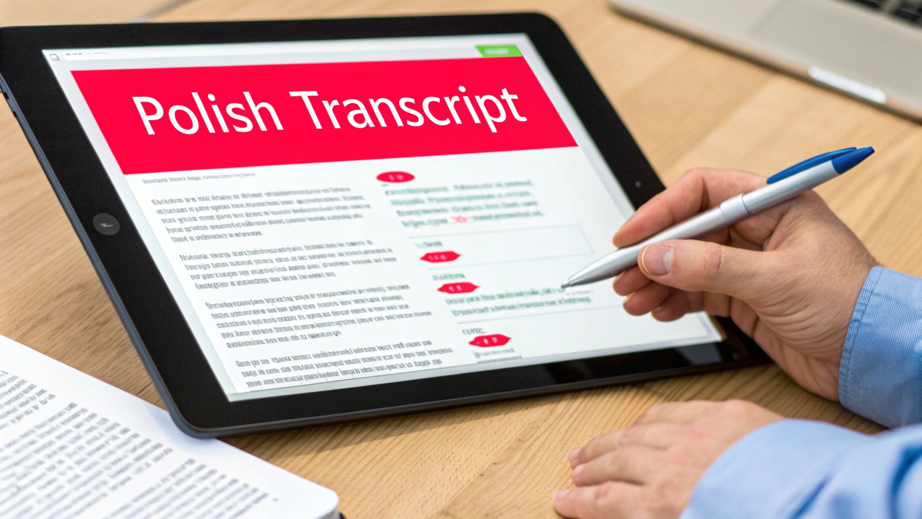 A person's hand uses a stylus on a tablet displaying a 'Polish Transcript' document on a desk.