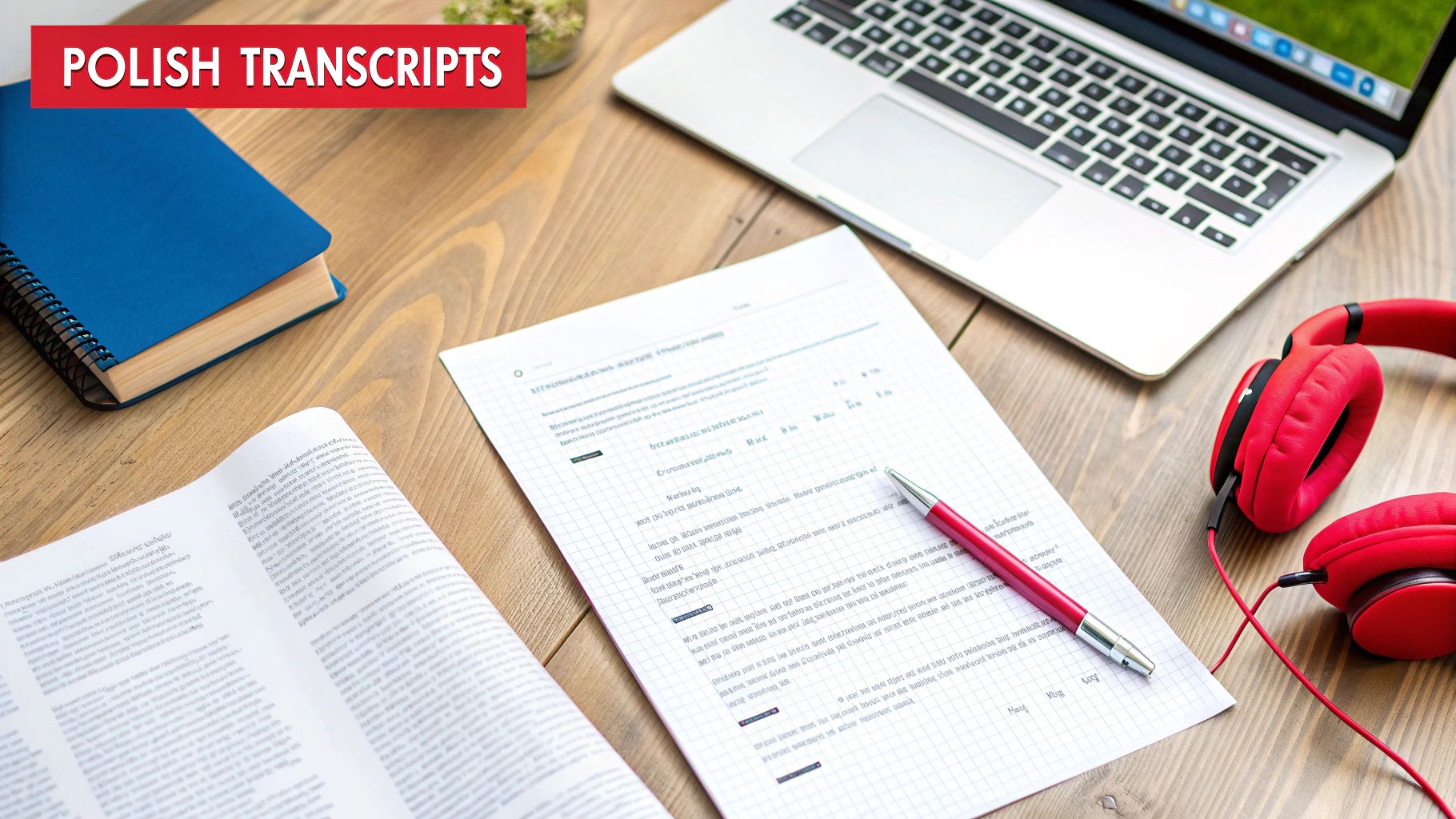 Polish transcripts document with laptop, notebooks, red headphones and pen on wooden desk workspace