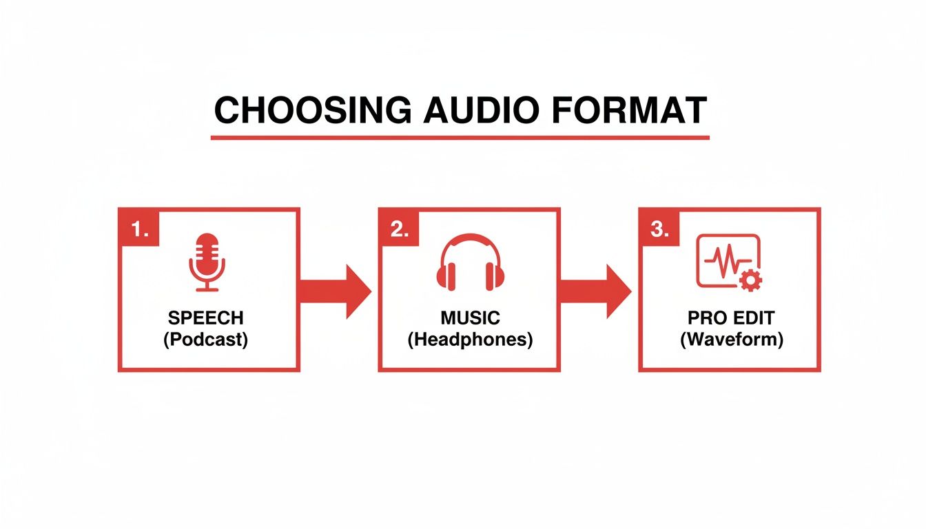 Flowchart detailing three audio format options: Speech (Podcast), Music (Headphones), and Pro Edit (Waveform).