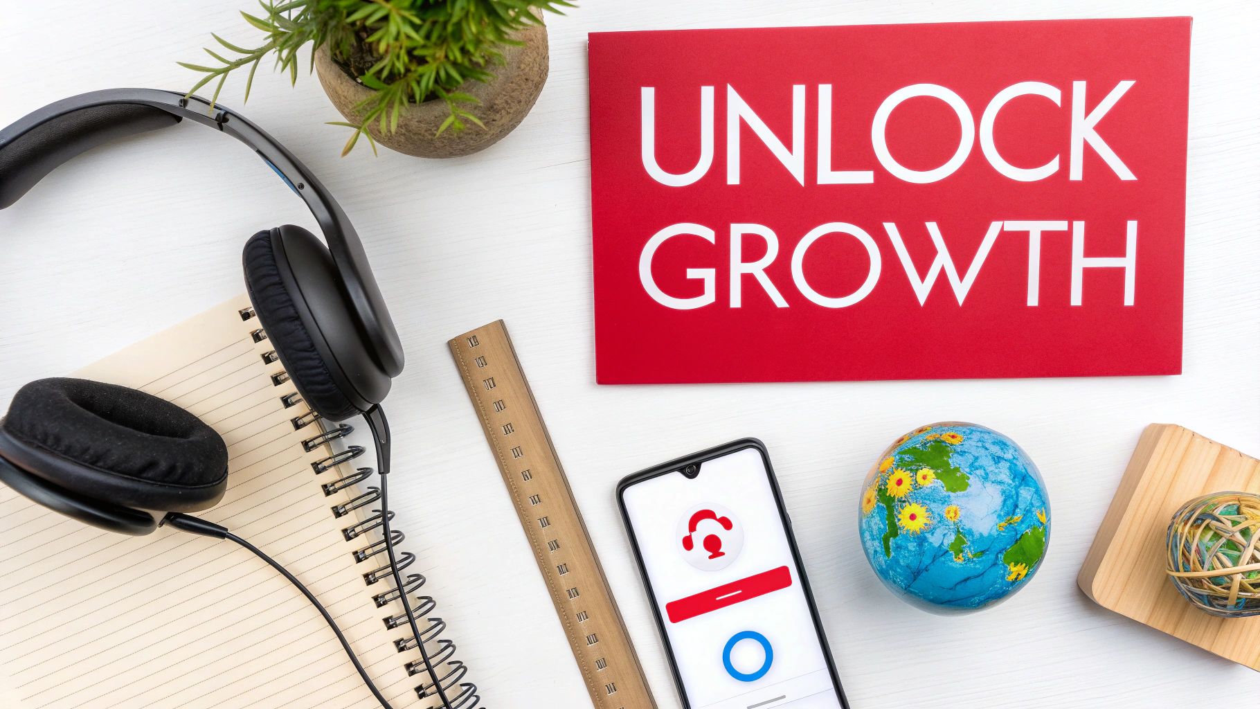 A top-down view of a workspace with headphones, notebook, smartphone, globe, and 'UNLOCK GROWTH' sign.