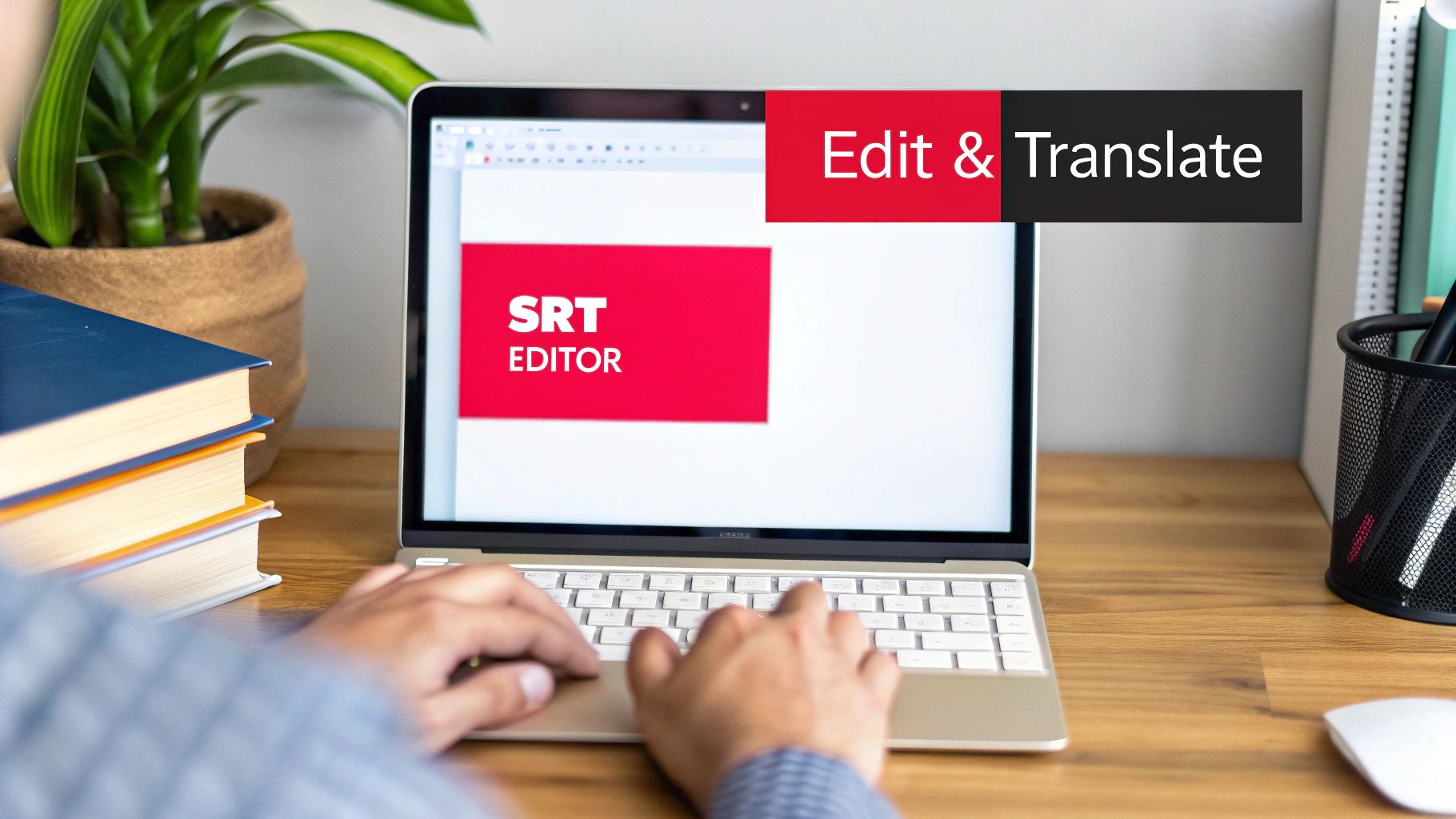 Person using laptop to edit and translate SRT subtitle files at wooden desk workspace