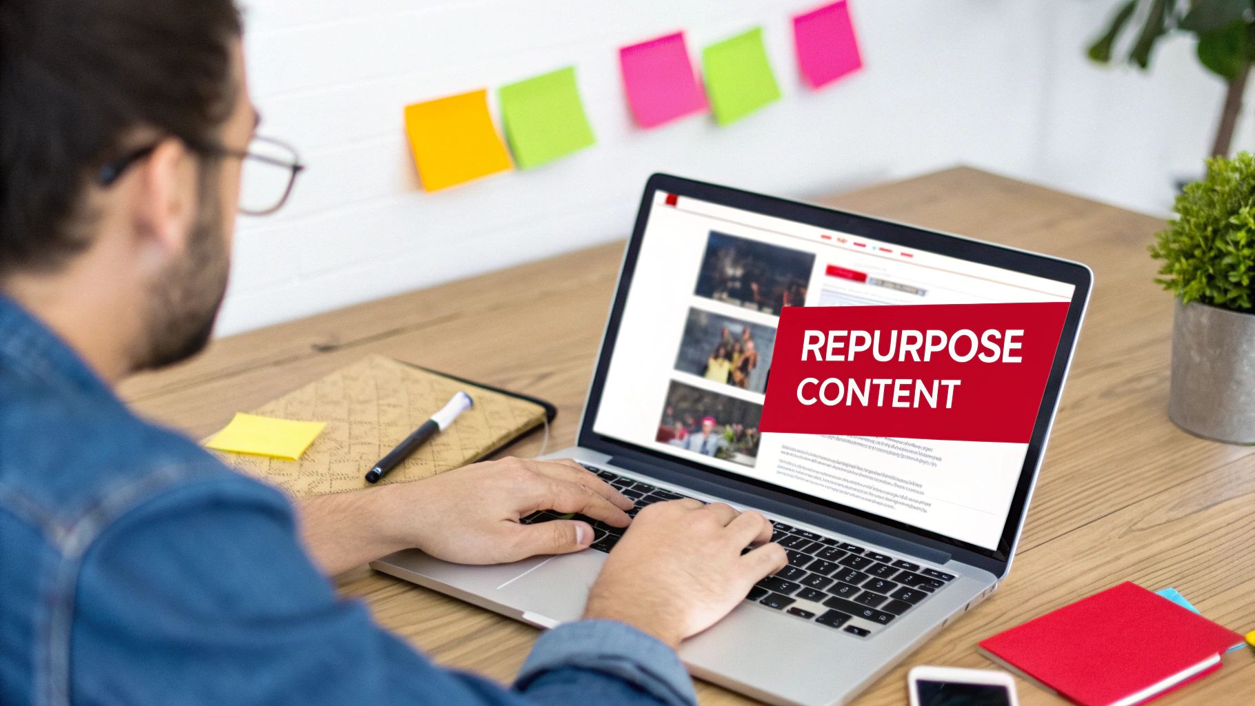 A person works on a laptop displaying 'REPURPOSE CONTENT' on the screen, with office supplies nearby.