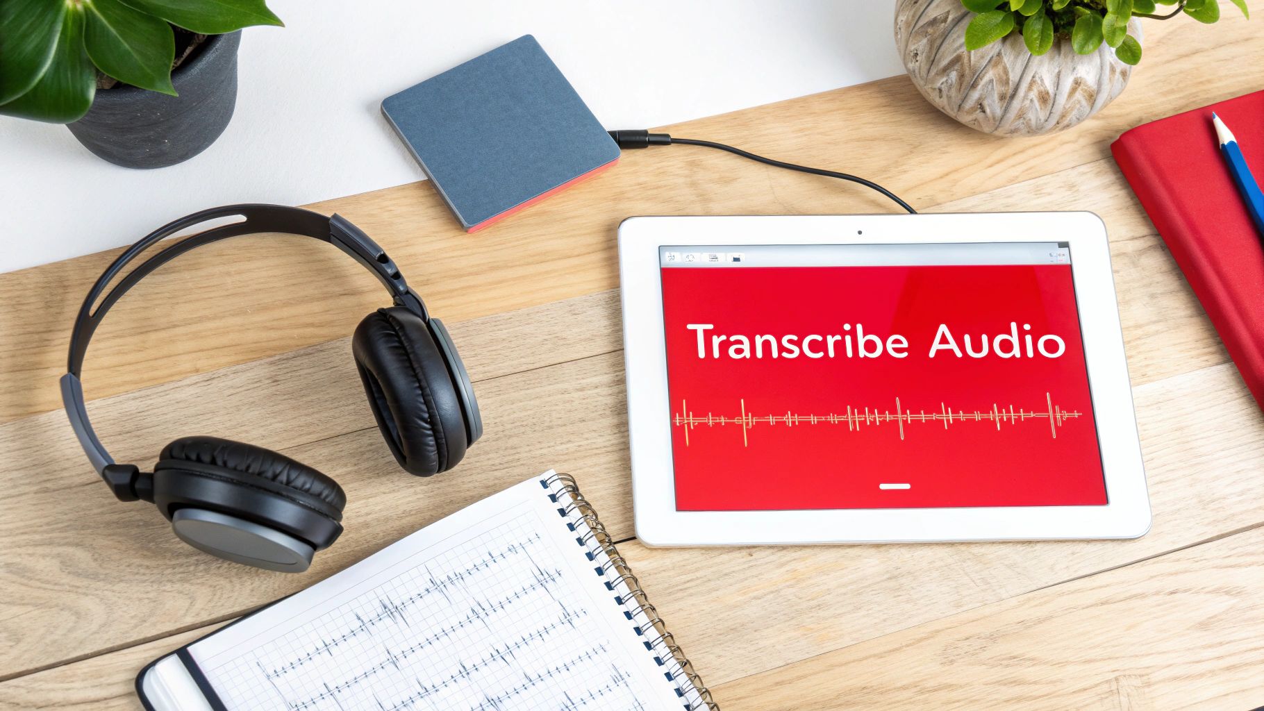 Overhead view of a desk with headphones, a tablet showing 'Transcribe Audio', and a notebook with sound waves.