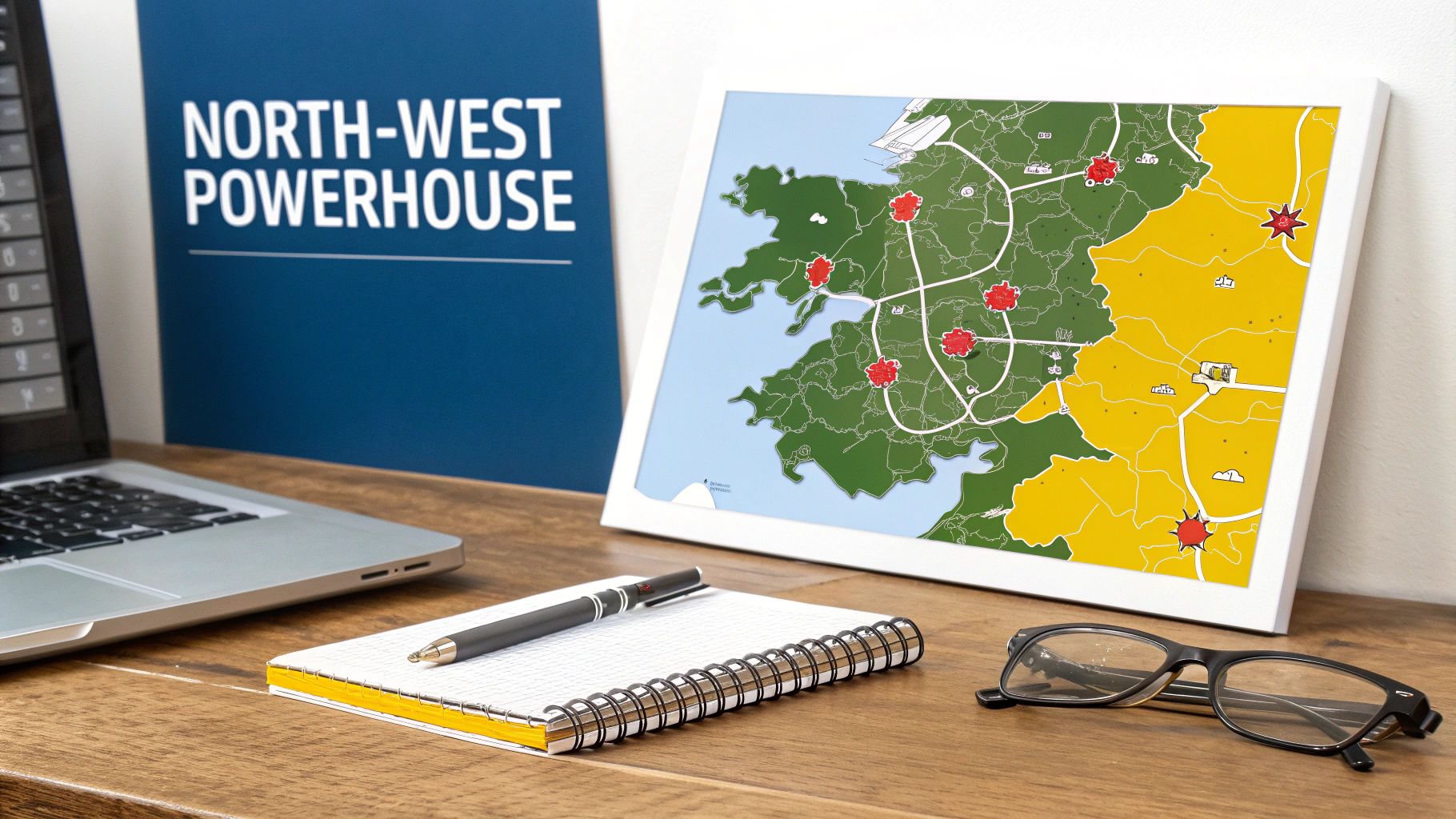 A desk setup with a laptop, 'NORTH-WEST POWERHOUSE' sign, a map of UK with red icons, a notebook, pen, and glasses.
