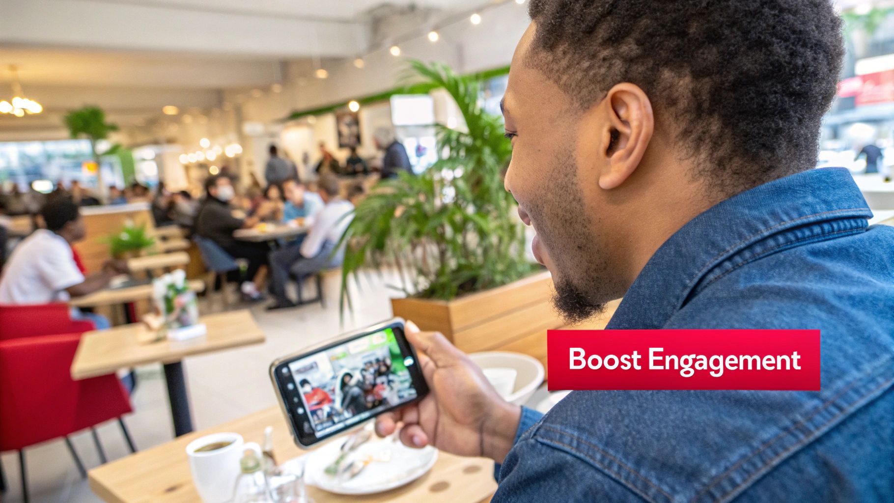 A young man watches a video on his smartphone in a busy modern cafe environment.