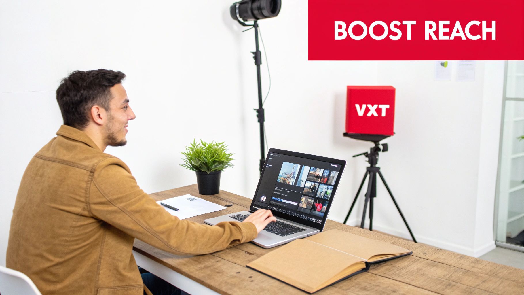 A man smiling, editing videos on a laptop at a desk with a VXT box in the background.