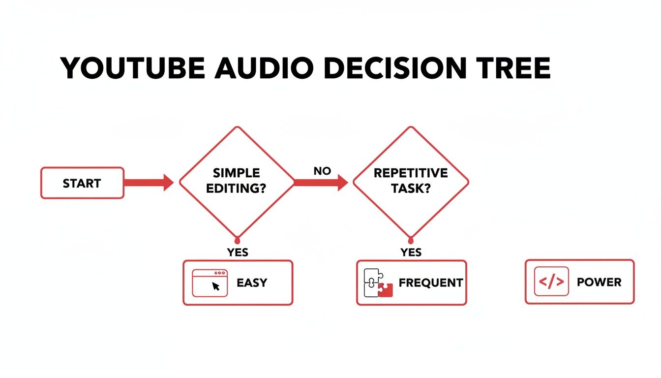 A flowchart titled 'Youtube Audio Decision Tree' guides decisions for audio editing tasks.