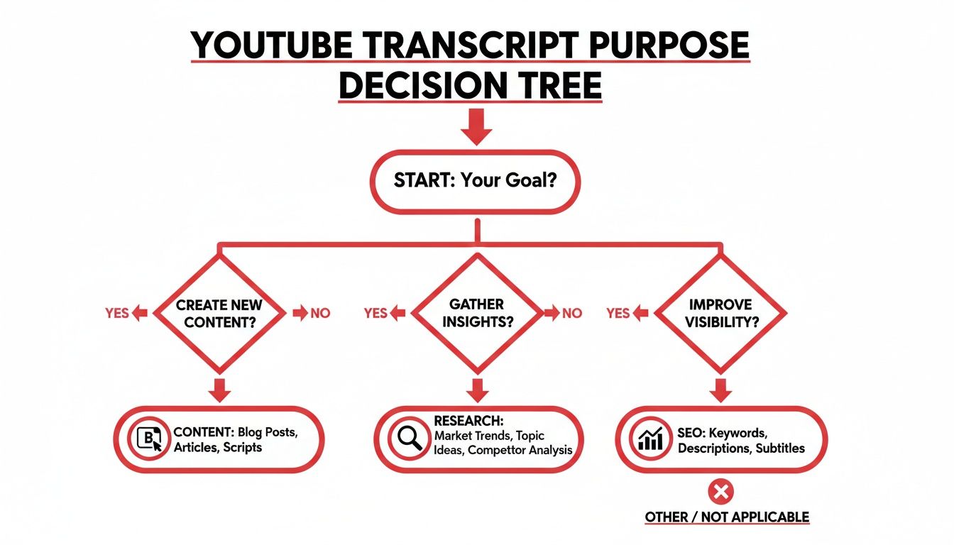 A decision tree flowchart illustrating the different purposes and applications of Youtube transcripts.