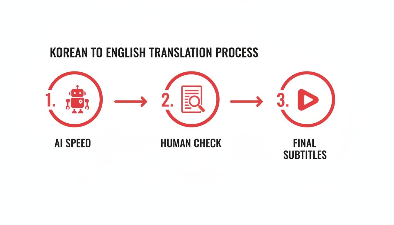A diagram illustrating the 3-step Korean to English translation process: AI speed, human check, final subtitles.