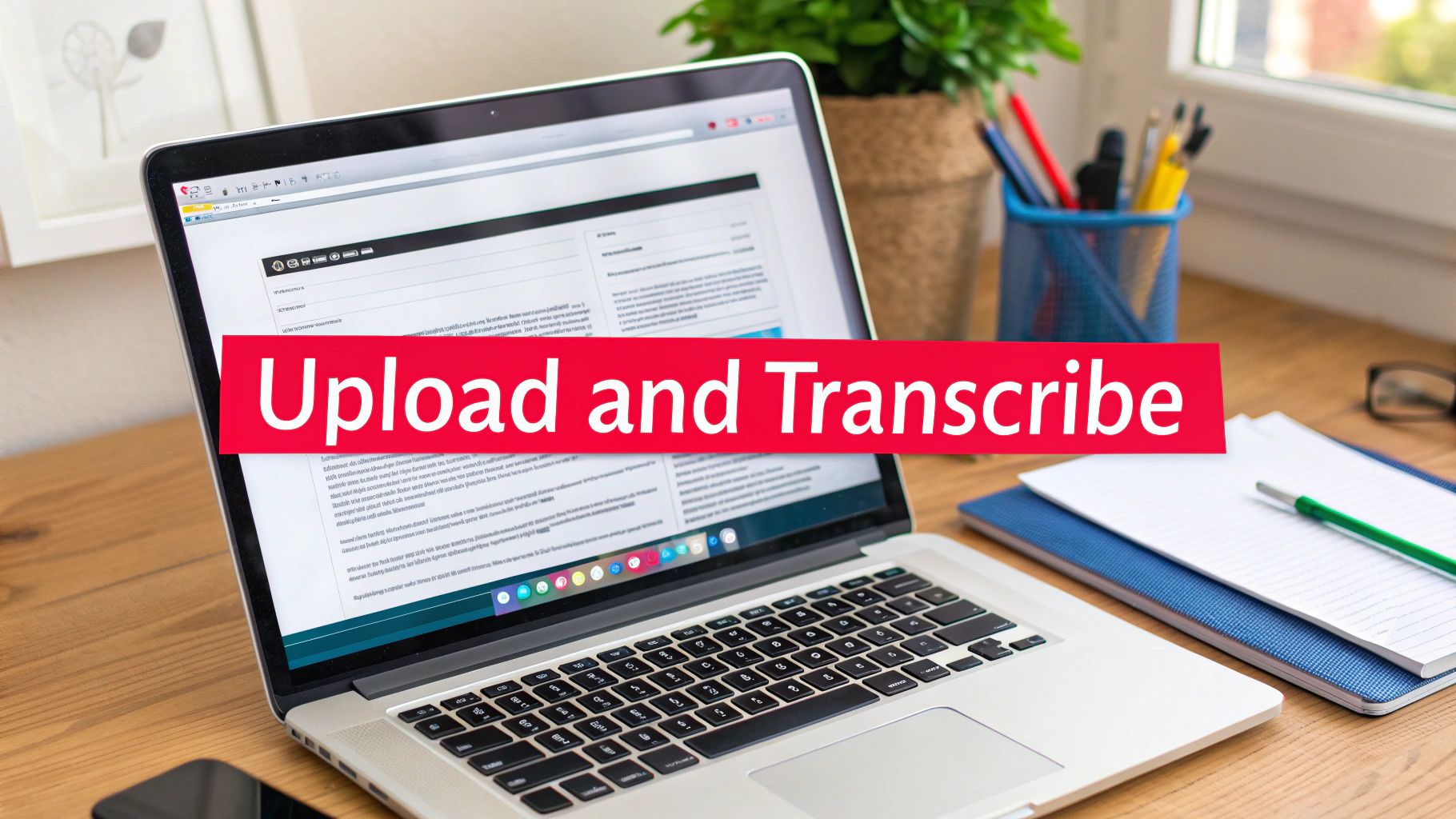 A modern laptop on a wooden desk showing 'Upload and Transcribe' text, with office supplies.