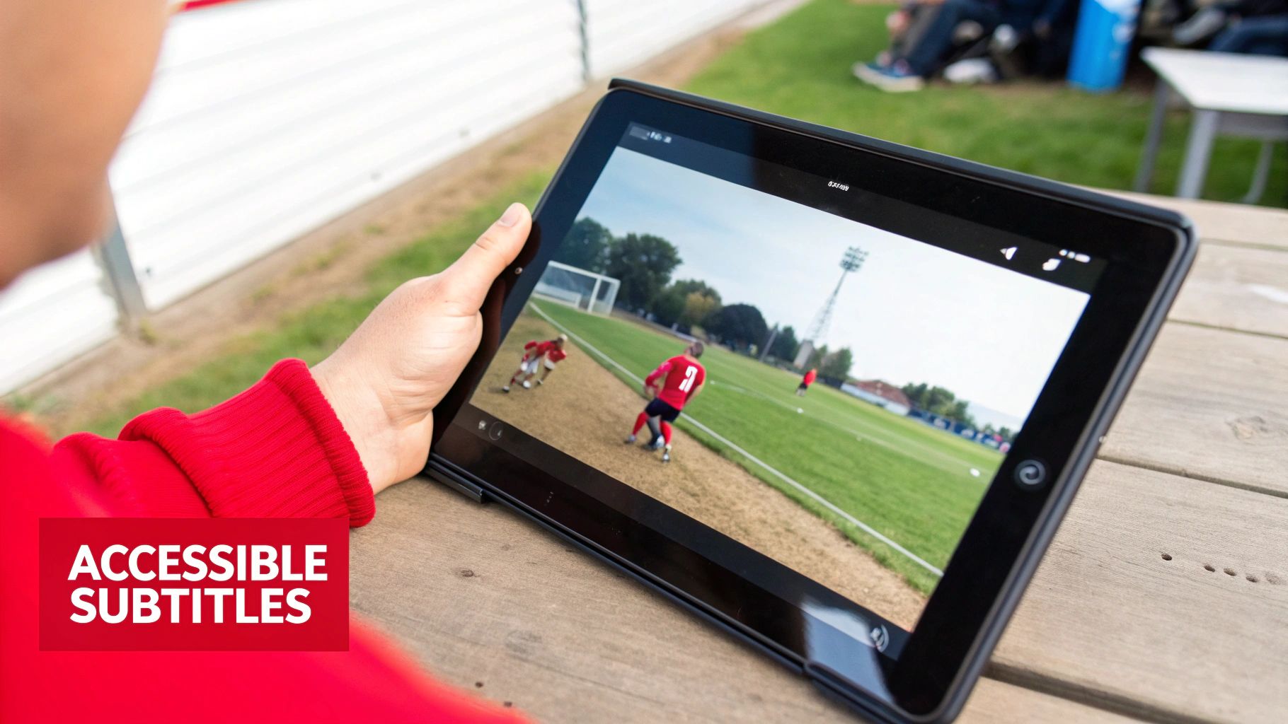Person watching a live soccer match on a tablet, with 'ACCESSIBLE SUBTITLES' displayed.