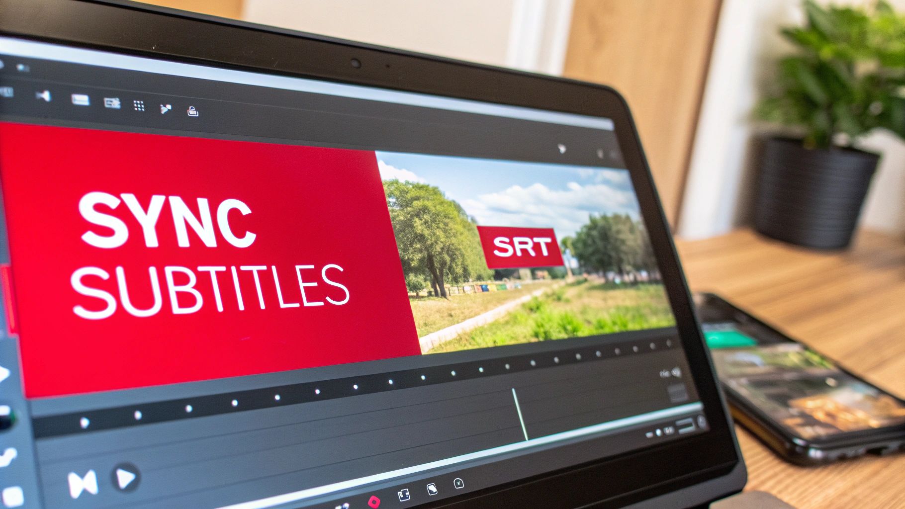 A laptop displays video editing software with 'SYNC SUBTITLES' text and an 'SRT' sign in the video frame, with a smartphone nearby.