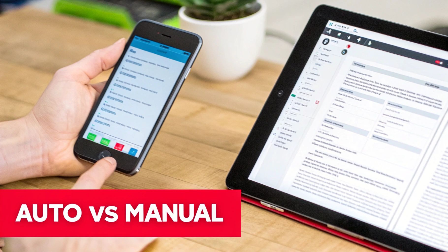 A hand holds a smartphone next to a tablet, both displaying digital interfaces, with 'AUTO VS MANUAL' text.