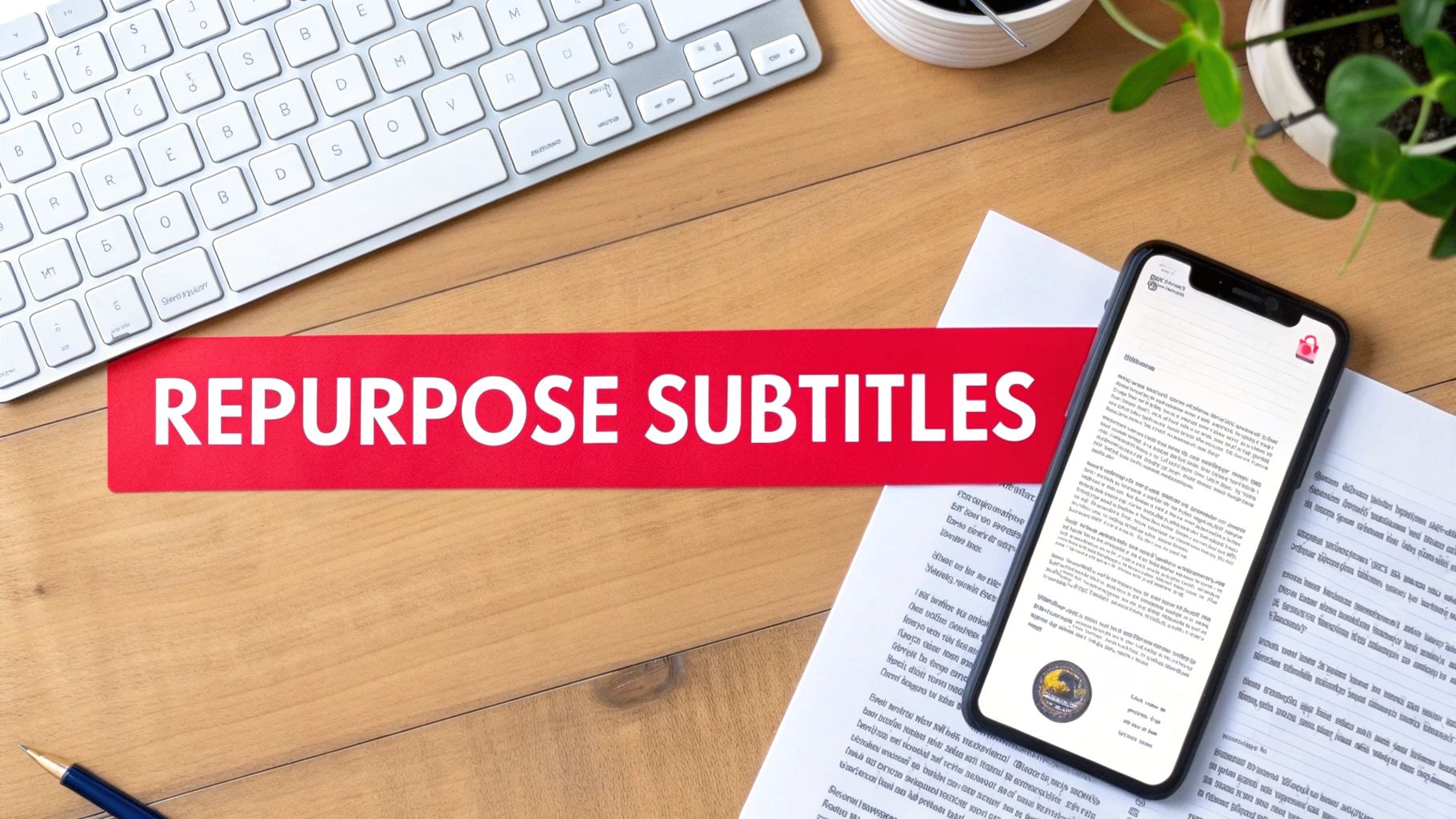 A desk setup with a white keyboard, smartphone, papers, and a red banner saying 'REPURPOSE SUBTITLES'.