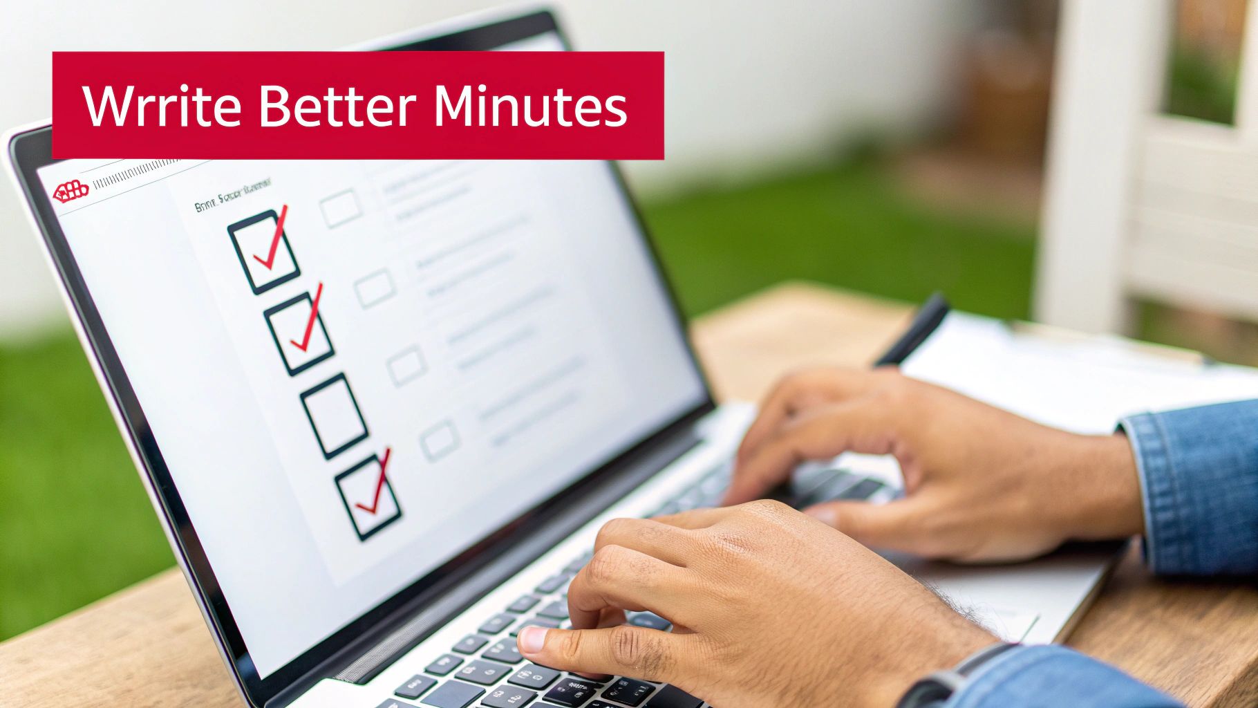 Person typing on a laptop showing a checklist on screen with 'Wrrite Better Minutes' banner.