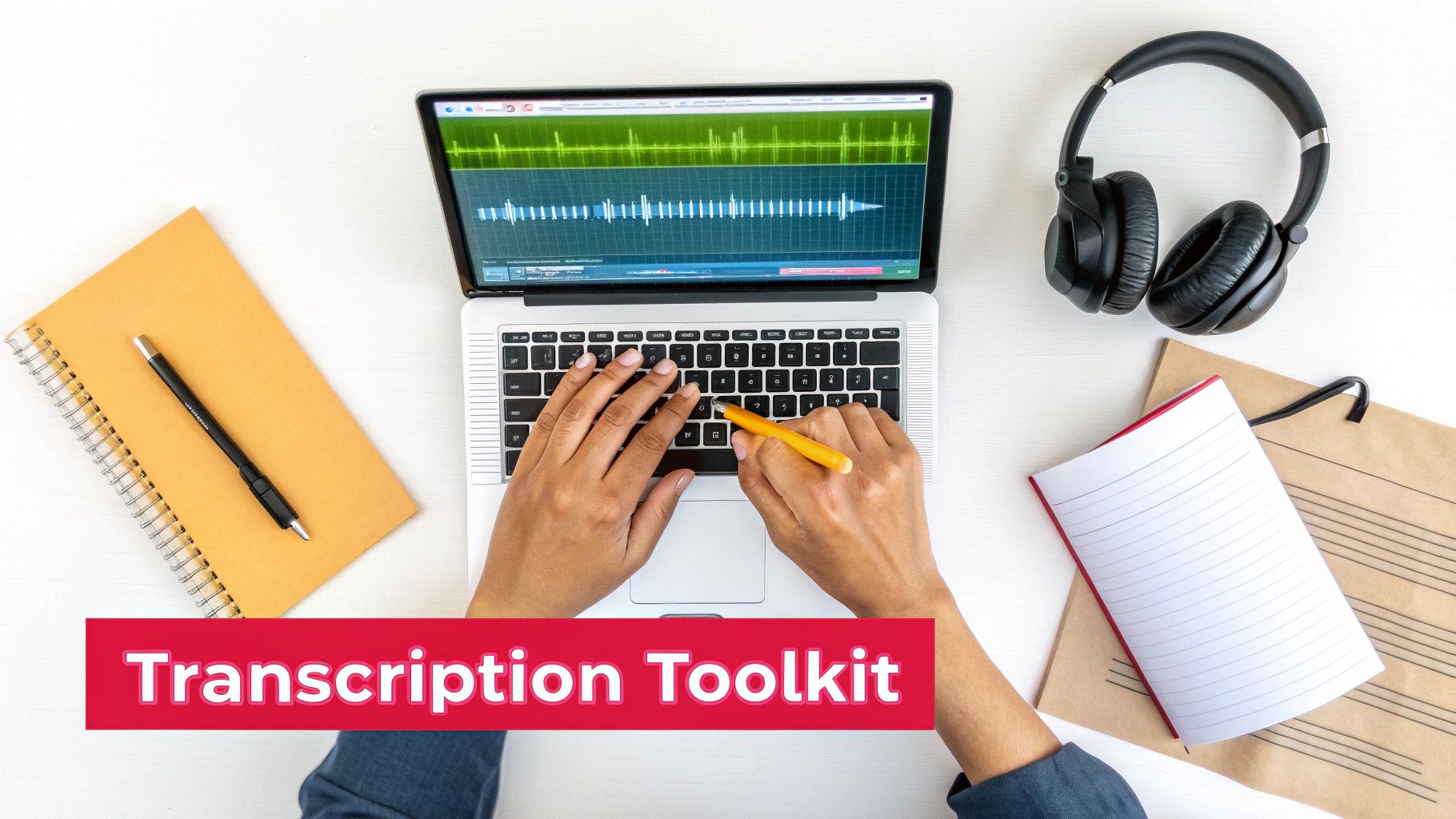 Person typing on laptop with audio waveform display and headphones for transcription work