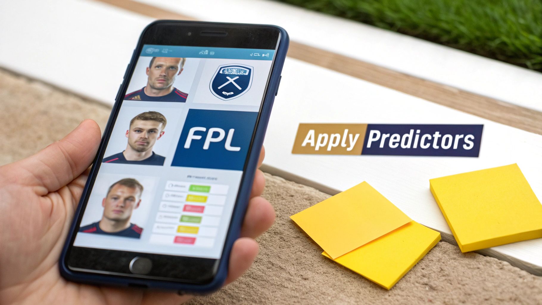 Hand holding smartphone displaying a football prediction app with player faces and 'FPL' text, beside an 'Apply Predictors' sign.