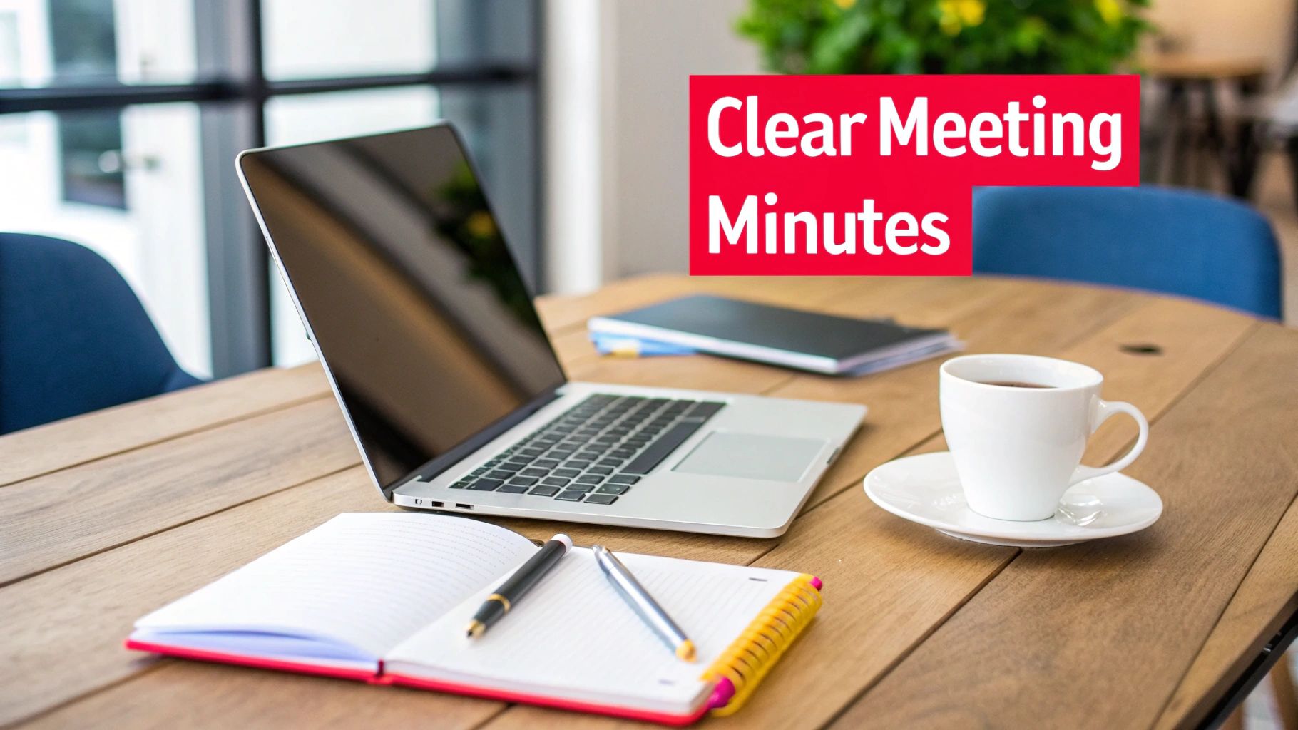 A modern workspace with a laptop, open notebook, pens, and coffee cup on a wooden table, text reads 'Clear Meeting Minutes'.