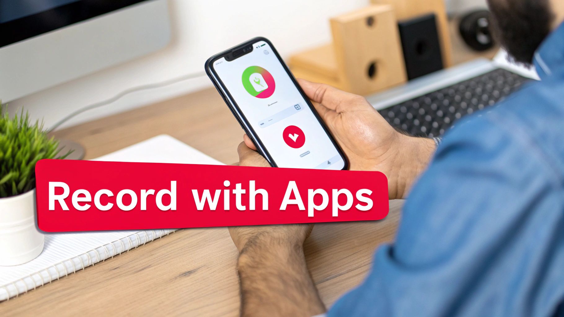 A person holds a smartphone displaying a mobile app interface, with a 'Record with Apps' banner.