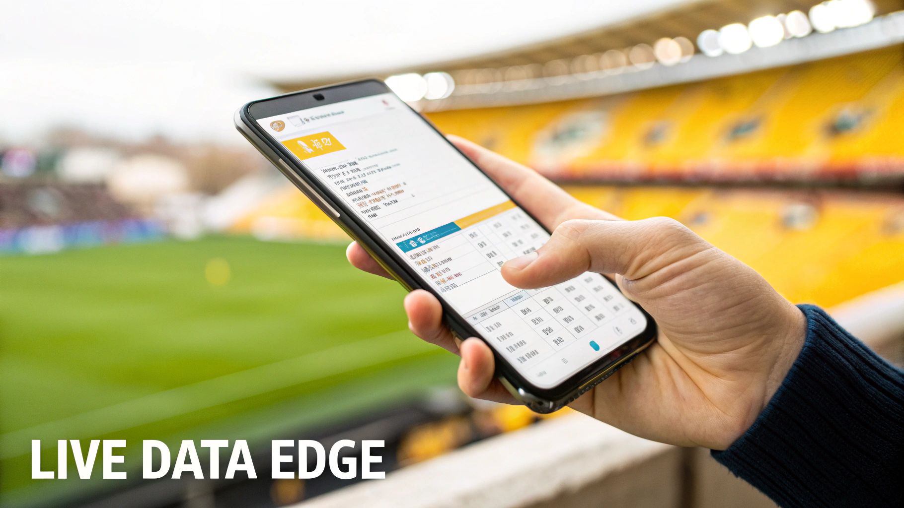 Person viewing live sports data on a smartphone at a vibrant football stadium.