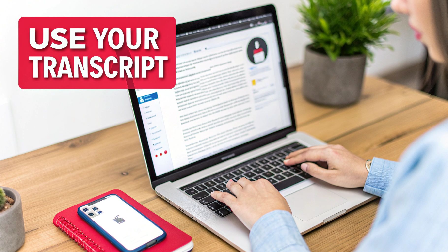 Person typing on a laptop with a 'USE YOUR TRANSCRIPT' banner, a smartphone, and notebook.