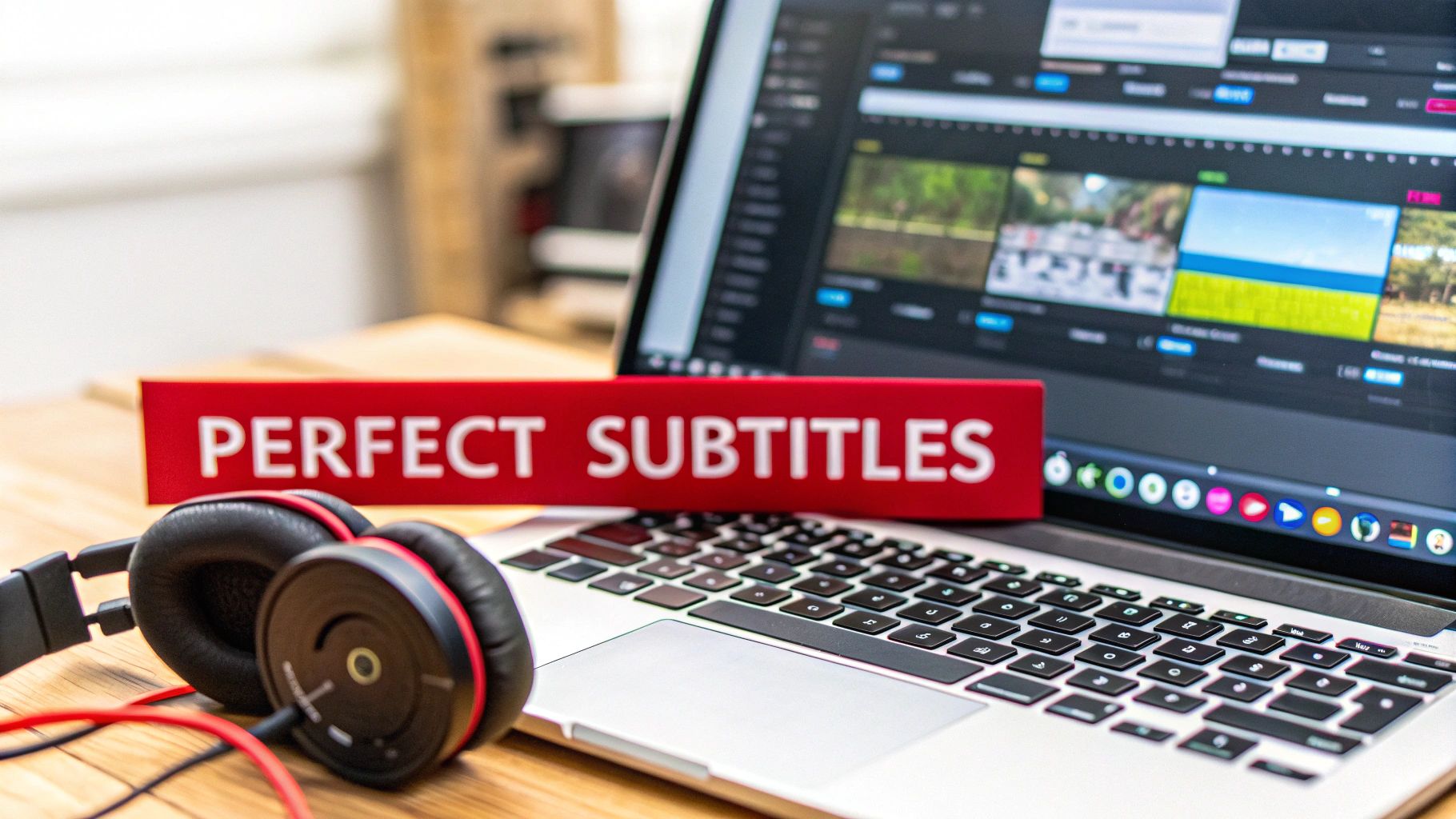 A laptop displaying video editing software, with headphones and a red 'PERFECT SUBTITLES' sign on a wooden desk.