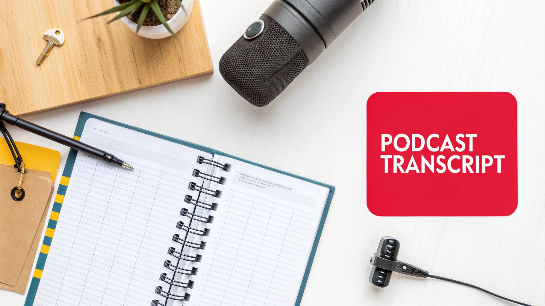 Overhead shot of a podcast recording workspace with a microphone, notebook, pen, and a 'PODCAST TRANSCRIPT' sign.