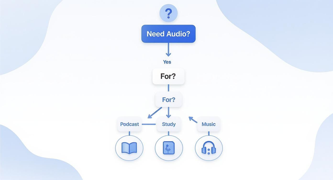 Decision tree for audio usage, leading to options like podcasts, study, and music.