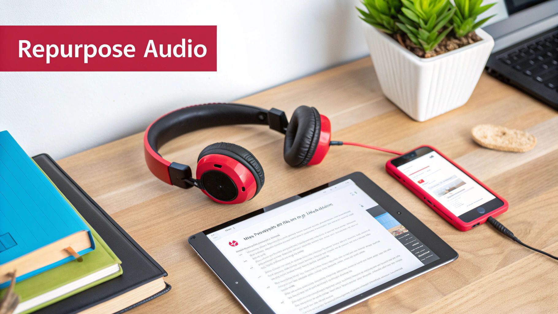 Red headphones connected to a smartphone and tablet on a wooden desk with books and a plant.