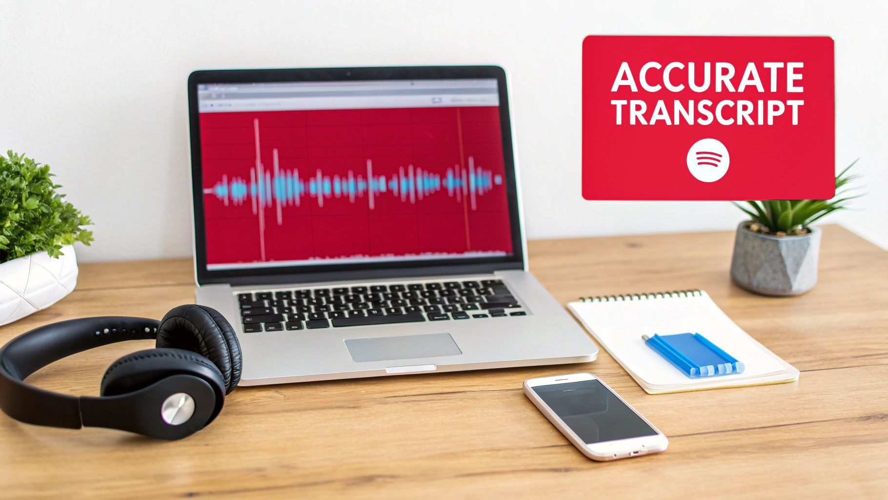 A laptop displays an audio waveform, headphones, smartphone, and a 'ACCURATE TRANSCRIPT' sign with the Spotify logo on a desk.
