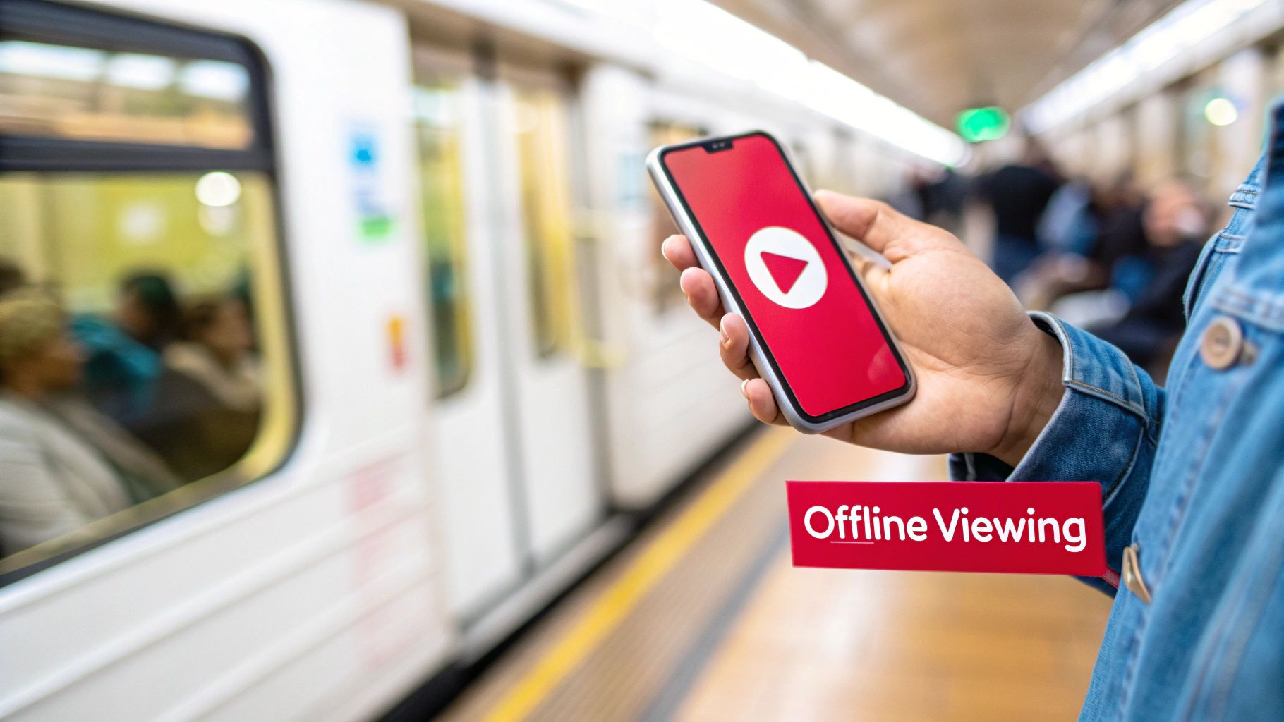 Person on a subway platform holds a phone displaying the Youtube app for offline viewing.