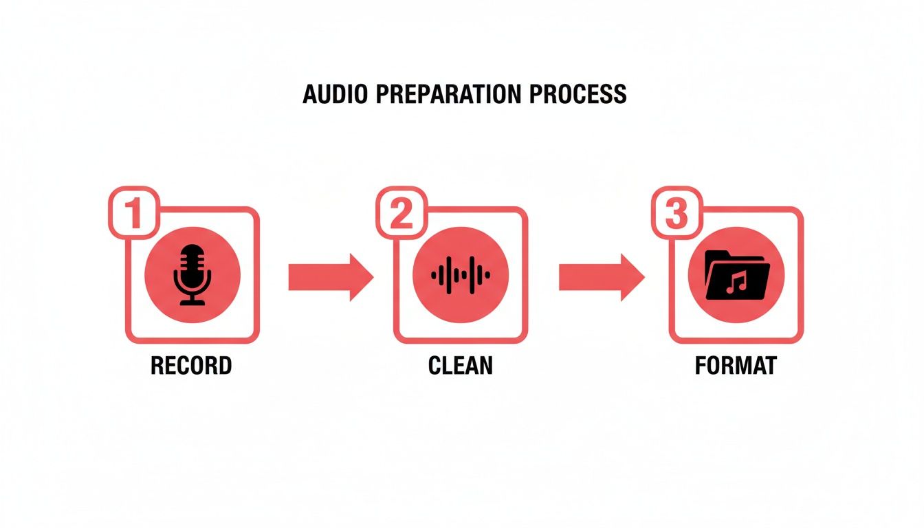 A diagram illustrates the three-step audio preparation process: record, clean, and format.