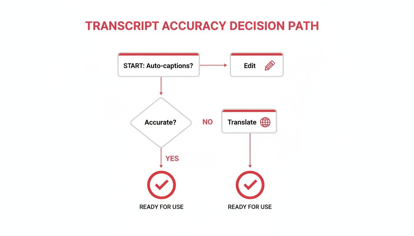 Flowchart showing the transcript accuracy decision path, including auto-captions, editing, translation, and readiness for use.